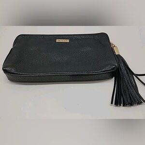 UEC MILLY Black Leather Zip Clutch Wrist Bag Purse Leather Tassel Gold Hardware
